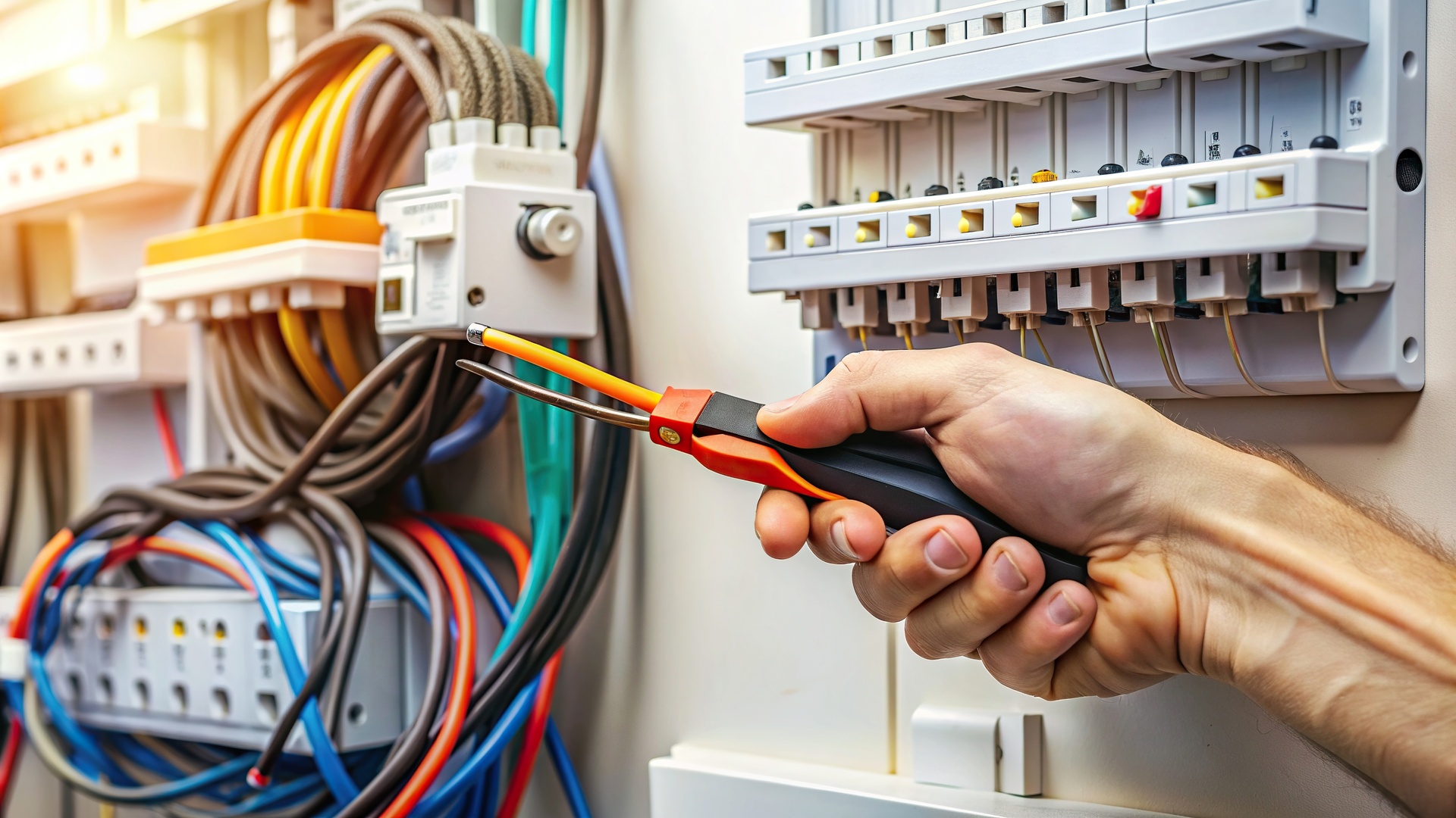 A close up shot of a hand removing the PVC sheath of an electrical cable using a retractable utility knife against the background of an electric switchboard, background,electrical cable
